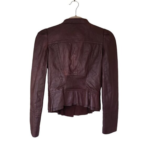 Eva Ouxiu Burgundy Lambskin Leather Crop Slim Fit Ruffled Moto Jacket - Picture 3 of 13